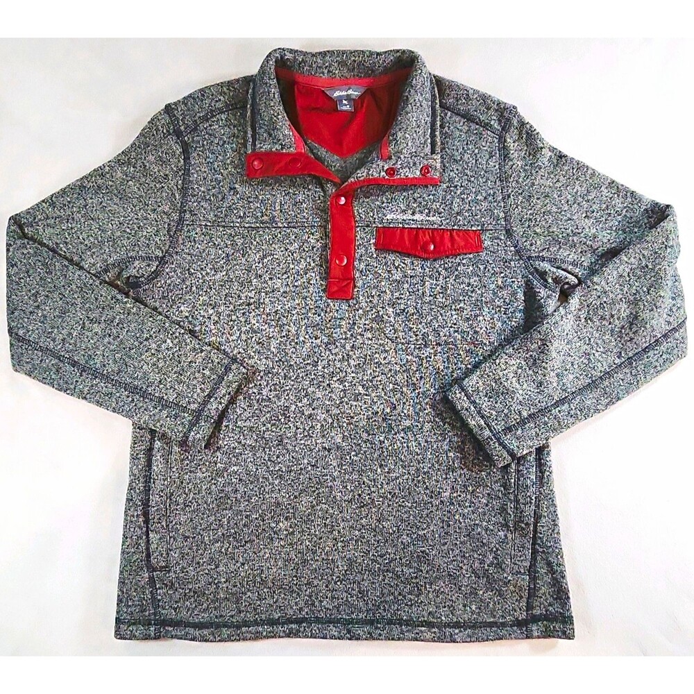Eddie Bauer Men's M Heathered Gray 1/4 Snap Mock Neck Knit Polyester Sweater